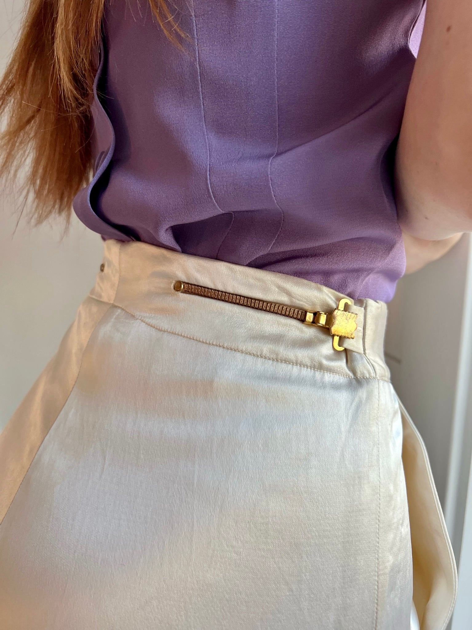 1960s White Cream Rayon Satin Wide Leg Pants Band Gold Adjustable Waist Detail